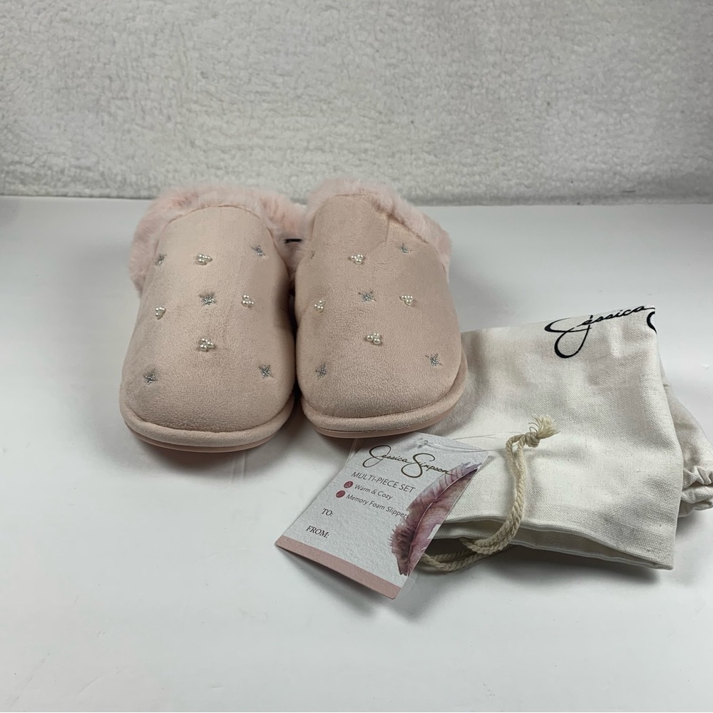 Jessica Simpson Embellished Slippers Fur New Size 7-8 Pink 7803
